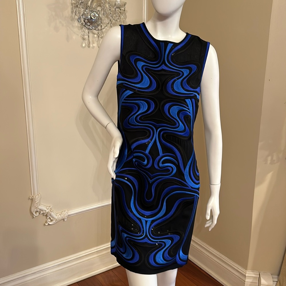 Diane Von Furstenberg Blue And Black Sequined Cocktail Dress Size 4